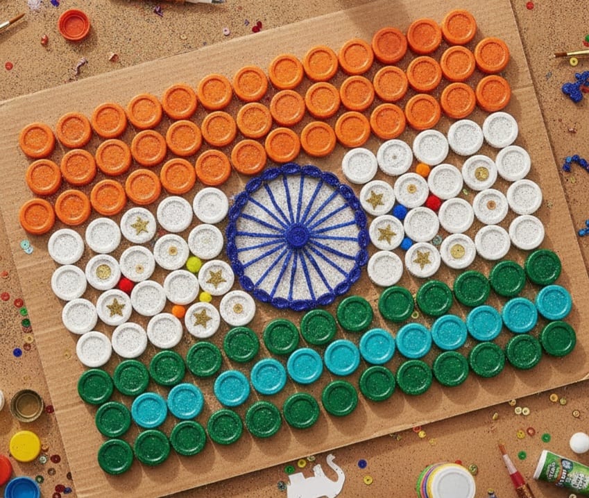 Smiling Tree Young Volunteers Create India Tricolour Using Recycled Materials and Receive Tulsi Planters